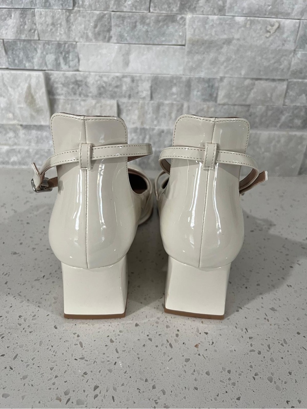 Patent Mary Jane Block Heel Pumps in Cream - Picture 5 of 6
